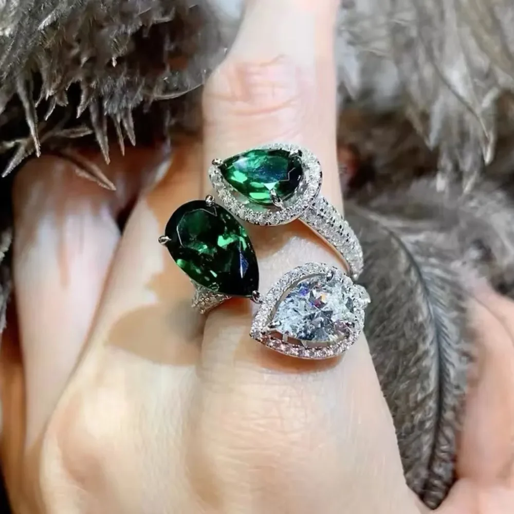 Sterling Silver Elegant Triple Stone Statement Ring - GreenWhite Teardrop Design - Picture 1 of 5